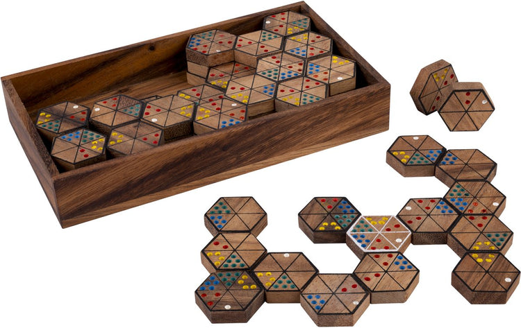 Engelhart Hexa Domino – Strategiespiel aus Holz – sechseckiges Dominospiel – sechseckiges Denkspiel – logisches Brettspiel – Akazienholz