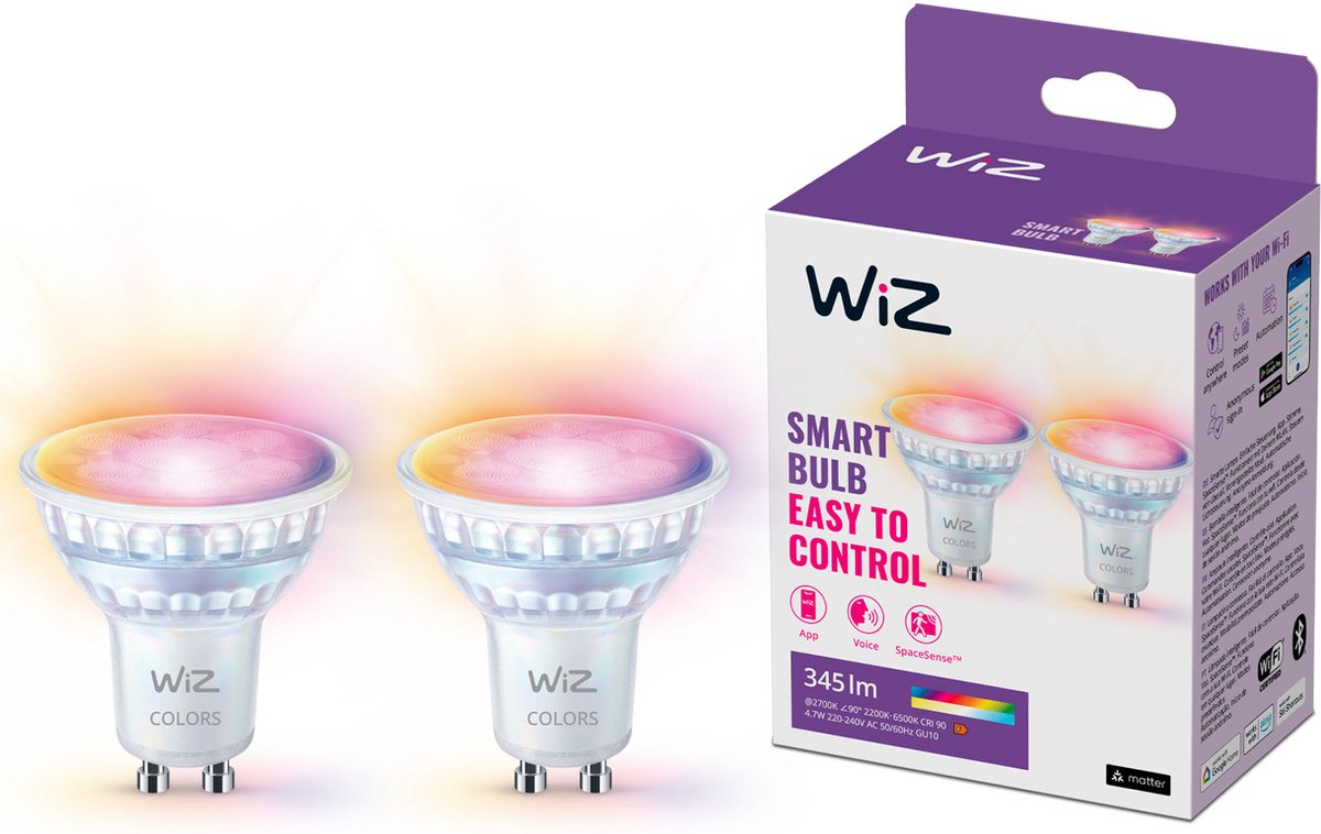 Wiz Spot 2er-Pack – farbiges und weißes Licht – intelligente LED-Beleuchtung – GU10-Fassung – 50 W – Glas – WLAN