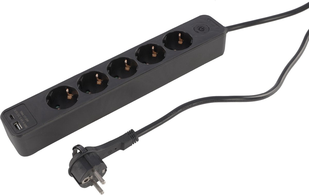 Q-Link-Steckdosenleiste - 5-fach - Schutzkontakt - mit Flachstecker - USB A C - 3 x 1,5 mm² - 1,5 m - Schwarz