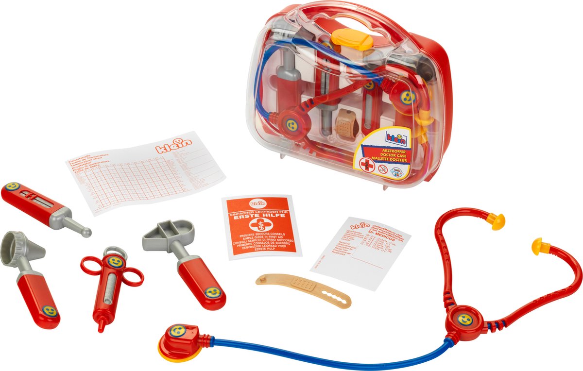 Klein Toys transparenter Arztkoffer - inkl. Spielzeuginstrumente - 22x8,5x19,5 cm - rot