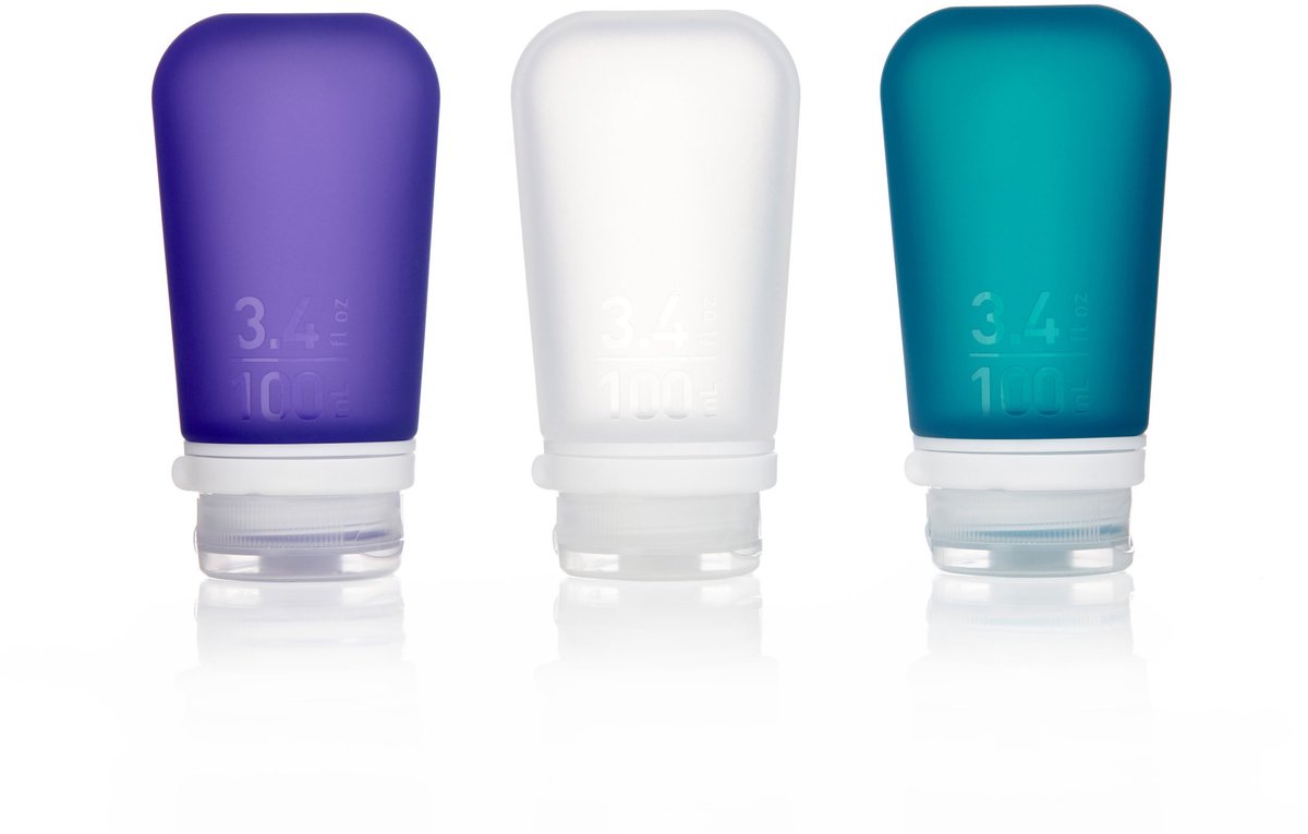 Human Gear – Gotoob+ 3er-Pack – Reiseflasche – Flachmann – auslaufsicher – wiederverwendbar – leicht – groß – 100 ml – klares violettes Blaugrün