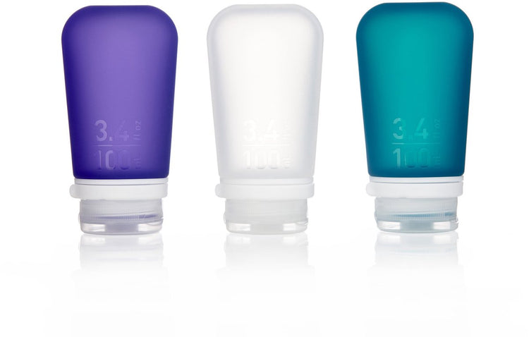 Human Gear – Gotoob+ 3er-Pack – Reiseflasche – Flachmann – auslaufsicher – wiederverwendbar – leicht – groß – 100 ml – klares violettes Blaugrün