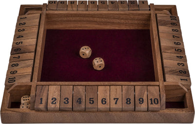 Longfield Shut the Box 4 Spieler – Würfelspiel aus Walnussholz – 29 x 29 cm – mit eingelegtem Filz. 8 Holzwürfel – Brettspiel – Engelsherz