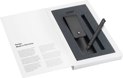 Lamy Swift Tintenroller 330 Set | Edelstahl schwarz | inkl. Tintenrollermine M 66 B blau | Echtlederetui schwarz für 2 Schreibgeräte