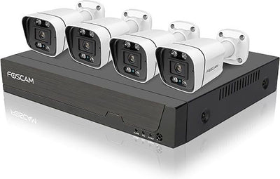 Foscam fn9108e-b4-2t PoE-Sicherheitssystem – 8-Kanal-5-Megapixel-NVR-Kit mit 4 Bullet-Kameras – Personen- und Fahrzeugerkennung – Nachtsicht – H.264+ – Plug-Play – 2 TB Festplatte – Schwarz
