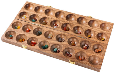 Engelhart Mancala Walnuss Double – Strategiespiel aus Holz – Luxuriöses Kalaha-Brettspiel – klassisches Denkspiel – 2 Spieler – inklusive Edelsteinen –