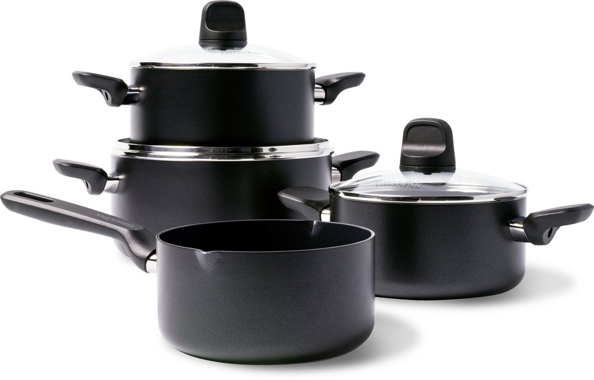 Greenpan Memphis Kochpfannenset 7-teilig – 16 18 20 24 cm – 1,6 2,1 3,1 4,9 l – PFAS-freie Antihaftbeschichtung – Induktionskochpfanne – Keramikpfanne – ofenfest bis 160 °C – Kaltgriffe – mit Glasdeckel – schwarz