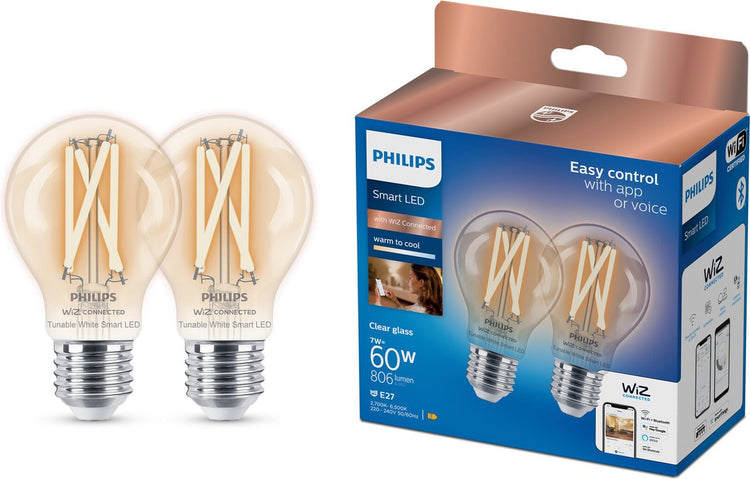 Philips Smart Lighting – Lampenfilament-2er-Pack – Smarte LED-Beleuchtung – warmes bis kaltweißes Licht – E27 – 60 W – transparent – WLAN
