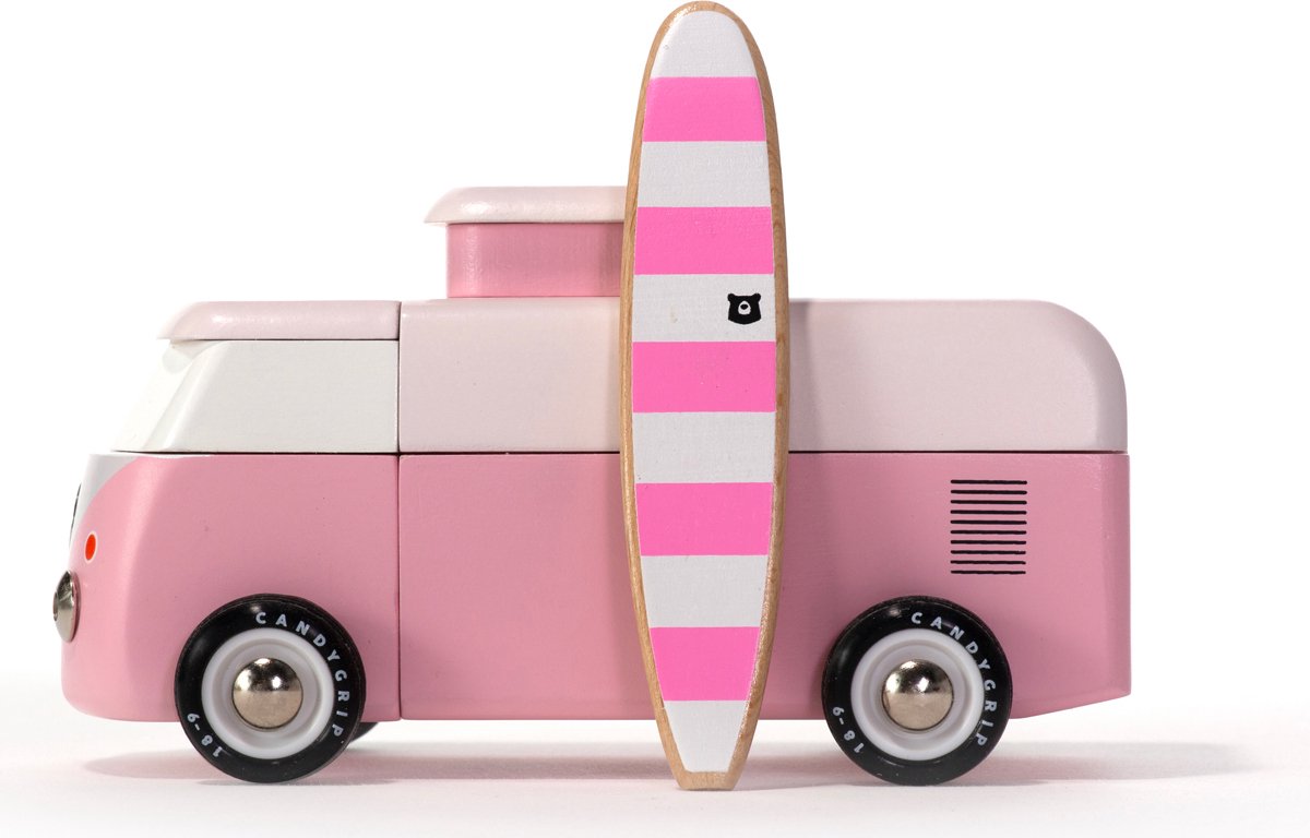 Candylab Holzspielzeugauto VW Strandbus – Pink – klassisches Design.