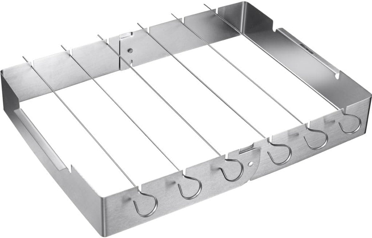 Markenloses Sans-Marque-Grillspießhalter-Set – Grillspieße – gleichmäßiges Grillen – faltbares Design – 7-teilig – silberfarben