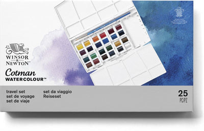 Winsor Newton 0390376 Cotman Aquarellfarben-Set – Reiseset – 24 halbe Näpfchen – komplettes Aquarell-Set mit Pinsel-Mischpaletten