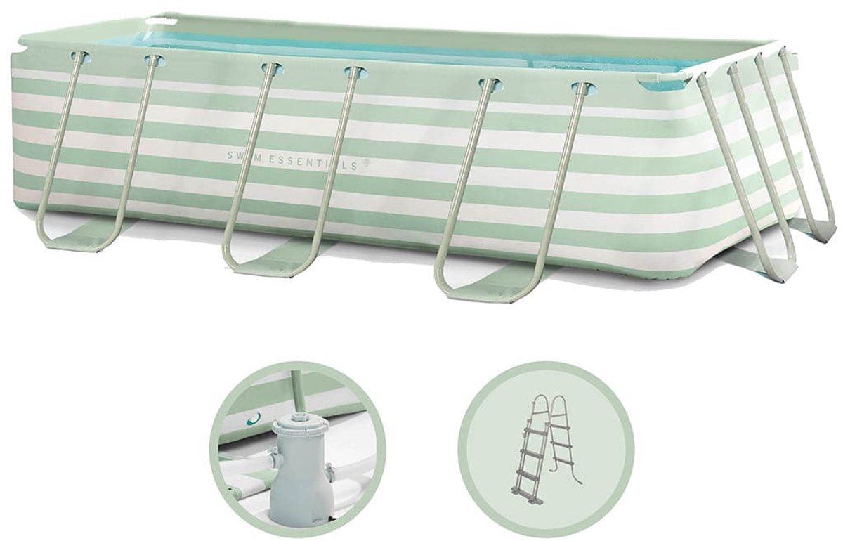 Schwimmutensilien – Rahmenpool 4 Meter + Filterpumpe + grüne Treppe – grün gestreift – oberirdischer Pool