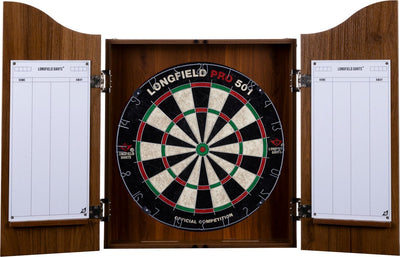 Engelhart Holzschrank mit Dartscheibe – inklusive 6 Pfeilen mit Stahlspitze, Whiteboard-Marker – schützt Wand und Dartscheibe – Wettkampfbrett – braunes Holzfurnier – Longfield