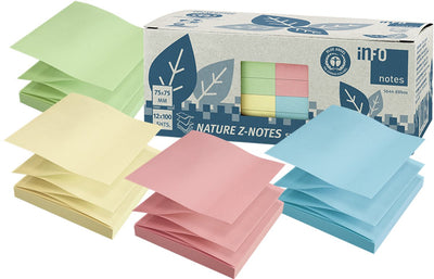 Info-Notizen Info-Haftnotizen - Natur - Z-Notizen - 12 x 100 Blatt - 75 x 75 mm - Gelb, Grün, Rosa, Blau - in-5644-88