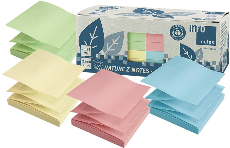 Info-Notizen Info-Haftnotizen - Natur - Z-Notizen - 12 x 100 Blatt - 75 x 75 mm - Gelb, Grün, Rosa, Blau - in-5644-88