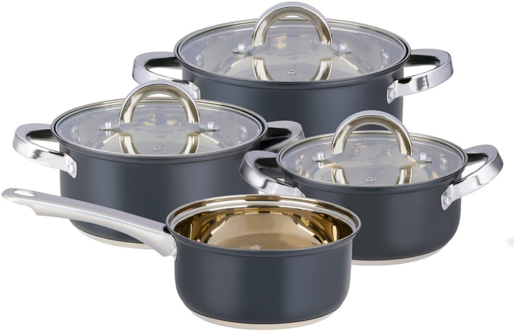 Alpina Induktions-Pfannenset 4-teilig – Kochtöpfe aus Edelstahl mit Glasdeckel – Kochtopf-Set für alle Herdarten geeignet – Kochtopf-Set – Töpfe und Pfannen-Set
