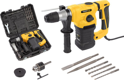 Powerplus Elektro-Schlagbohrmaschine POWX1197 – 4 in 1: Bohren, Hammerbohren, Meißeln und Meißelrotation, 1500 W Bohrmaschine