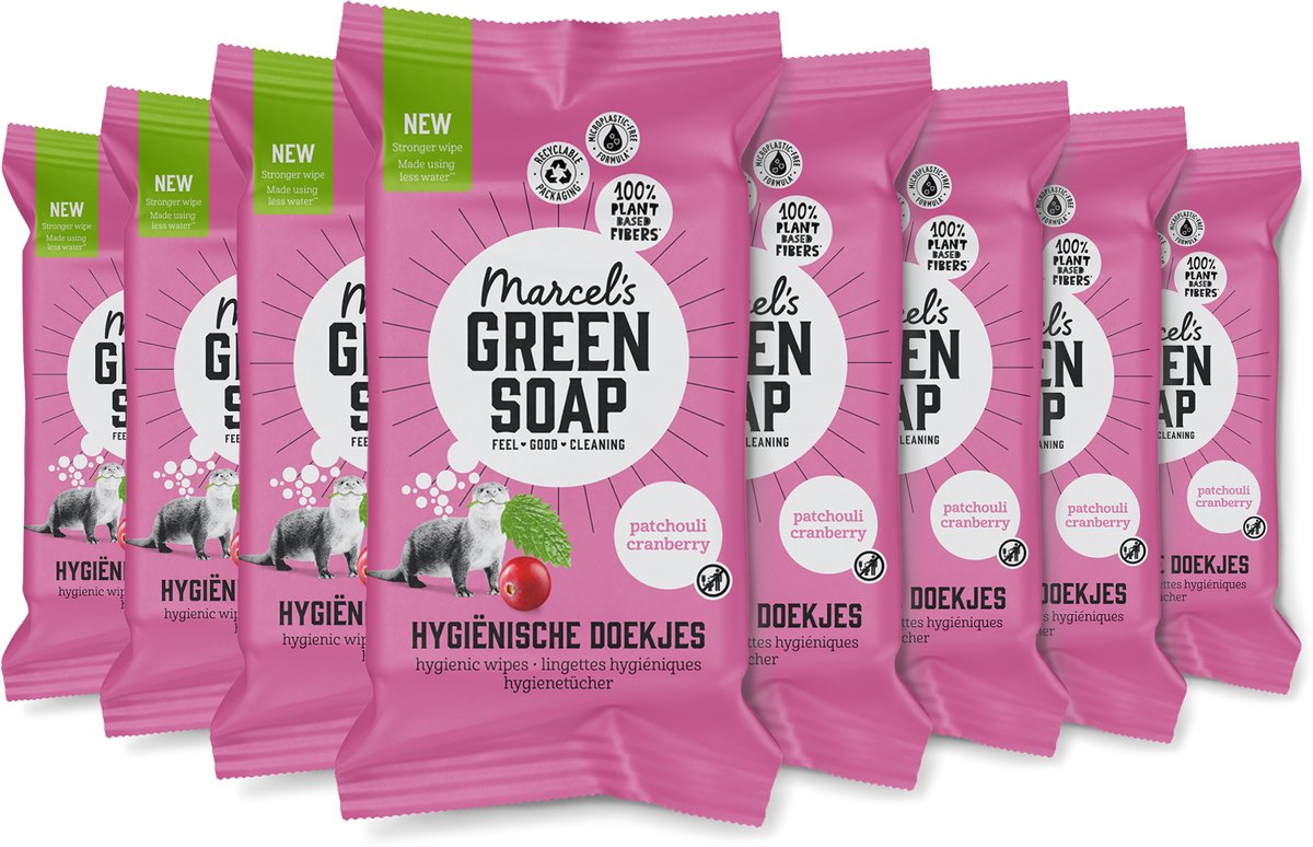 Marcel's grüne Seifen-Hygiene-Reinigungstücher – Patchouli Cranberry – 8 x 60 Stück