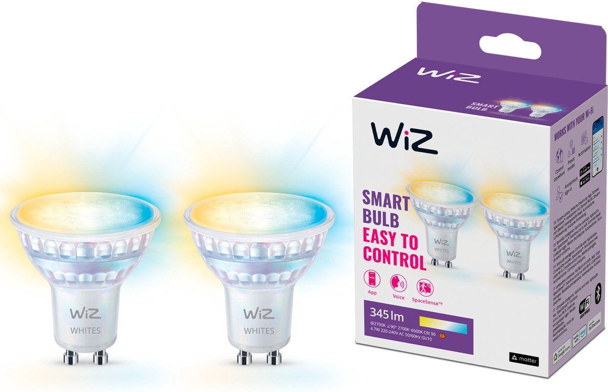 Wiz Spot 2er-Pack – warmes bis kühles weißes Licht – intelligente LED-Beleuchtung – GU10-Fassung – 50 W – Glas – WLAN