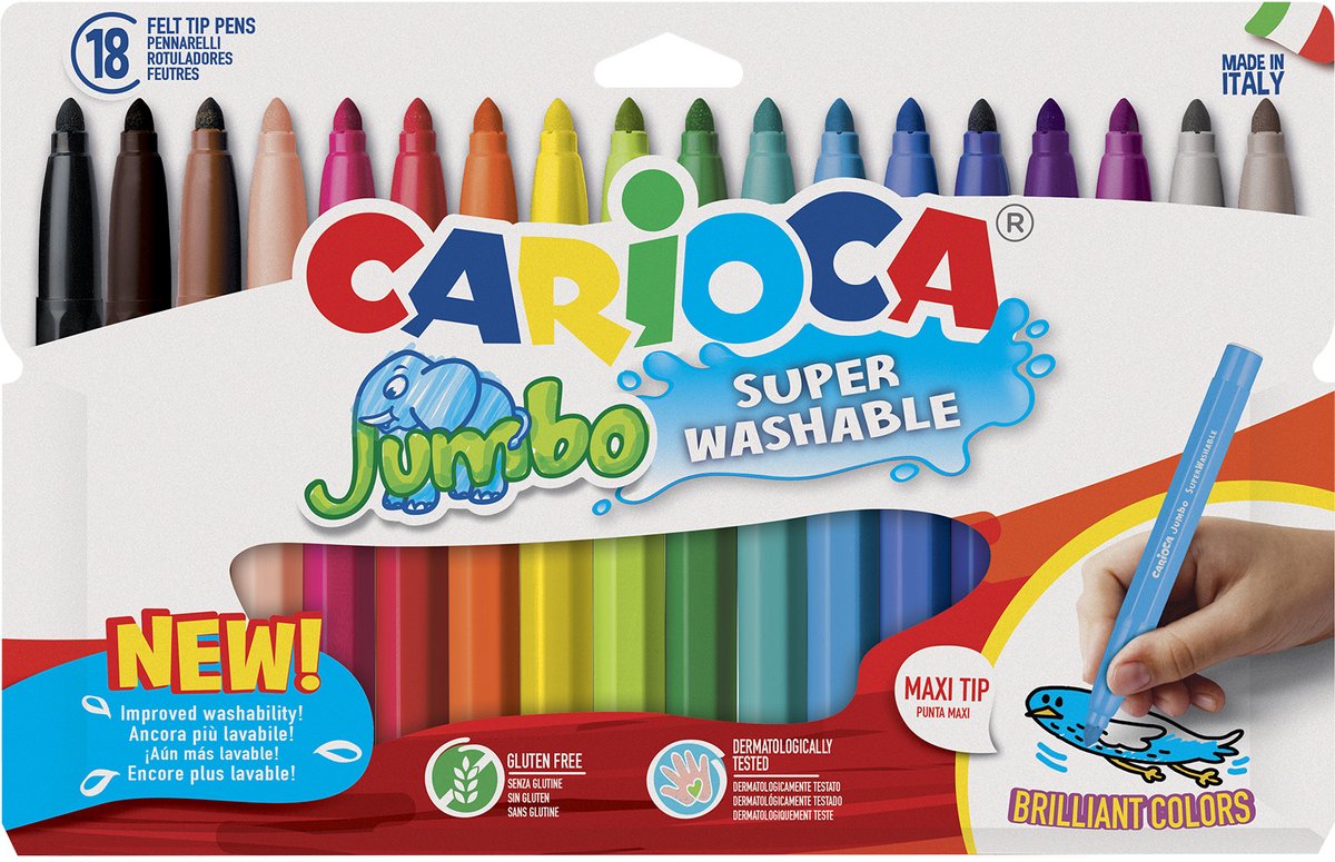 Carioca Jumbo-Marker – 18 Farben – Maxispitze 6 mm – waschbar – Malmarker für Kinder