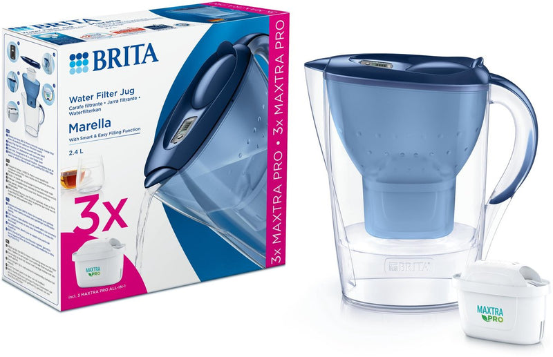 Brita - Wasserfilterkanne - Marella Cool - 2,4l - Blau - inkl. 3 Maxtra Pro All-in-1-Wasserfilterkartuschen – Vorteilspack