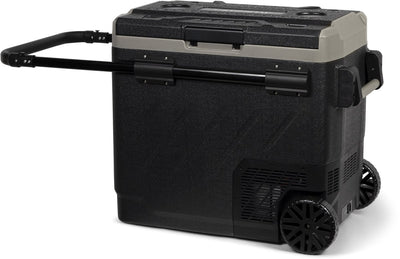 Steamy-e Zweizonen-Roller-Kühlbox mit elektrischem Kompressor auf Rädern – Doppelzone – 58 Liter – 12 V und 230 V – für Auto und Camping – Schwarz