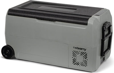 Steamy-e Zweizonen-Roller-Kühlbox mit elektrischem Kompressor auf Rädern – 32 Liter – 12 V und 230 V – für Auto und Camping – Grau