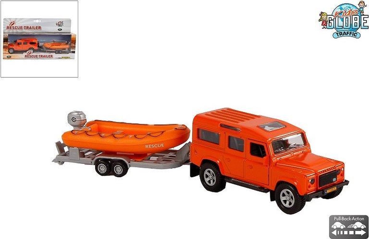 Kids Globe Die Cast Land Rover mit Rettungsboot, 27 cm