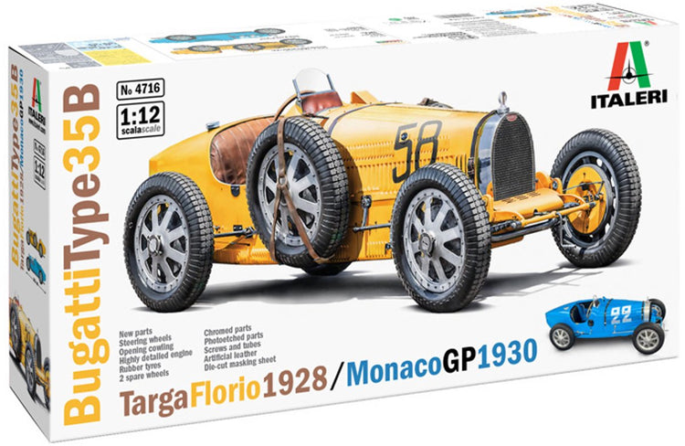 Italeri Modellbausatzauto – 4716 Bugatti Typ 35b – Targa Florio '29 Monaco GP '30 – Grand Prix-Rwagen aus Kunststoff – 1:12 – Modellbau