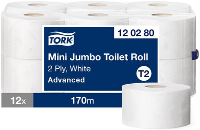 Tork 120280 Mini-Jumbo-Toilettenpapier T2 Advanced 2-lagig weiß 12 Rollen x 170 m (120280)