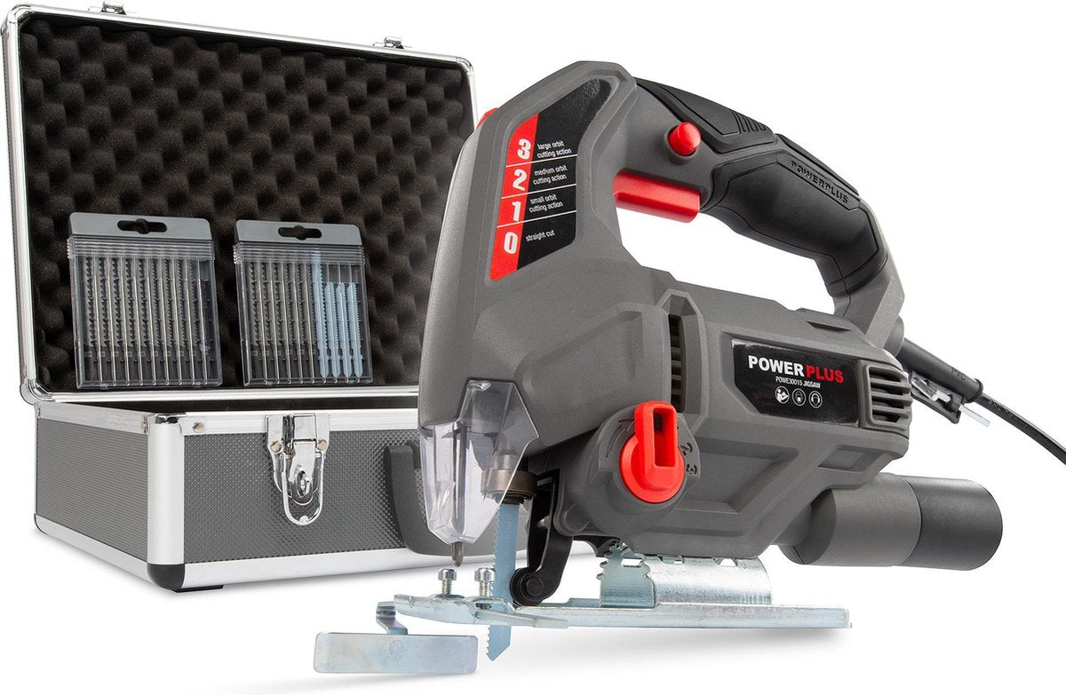 Powerplus Elektro-Stichsäge Poweset3 – 710 W Sägemaschine – 2800 min-1 – Werkzeuge mit 20 Zubehörteilen.