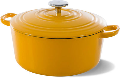 Bk Burgunderroter Gusseisentopf 28 cm 6,7 l – Induktionstopf – Gusseisentopf – ofenfest bis 230 Grad – Deckel mit Tropfringen – innen weiß emailliert – sonniges Gelb