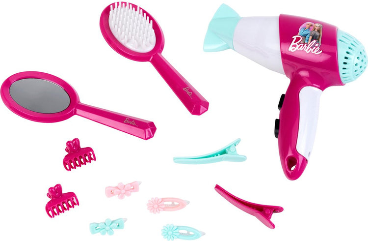 Klein Toys Barbie-Friseursalon mit Haartrockner – bläst Luft und macht Geräusche – inklusive Haarschmuck