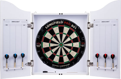 Engelhart Dartschrank Holz weiß – Dartscheibe aus Sisal – 6 Dartpfeile mit Stahlspitze 18 g – Marker-Radierer – Wettkampfbrett – schützt Wand und Dartscheibe – Longfield