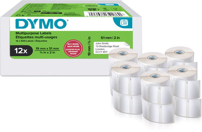 Dymo original kleine Mehrzwecketiketten für Etikettendrucker | 19mm x 51mm | 12 mit je 500 Etiketten (6.000 selbstklebende Etiketten) | leicht zu entfernende Etiketten | für Labelwriter-Etikettendrucker