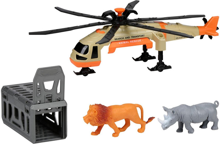 Eddy Toys Spielzeughubschrauber mit Käfig – Rettungshubschrauber Spielzeug mit Licht und Ton – Tierrettungshubschrauber mit Löwe und Nashorn – Safari-Spielset für Kinder