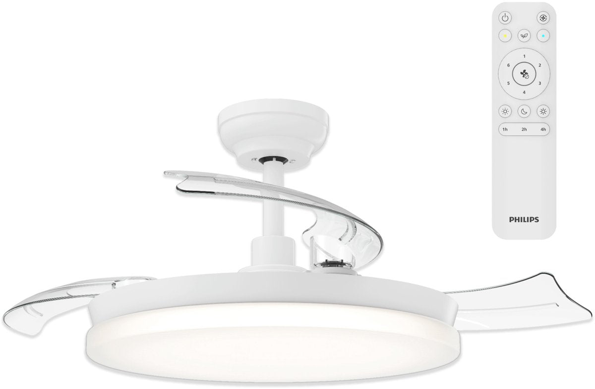 Philips LED Philips Solr Deckenventilator mit LED-Lampe – 3 einziehbare Flügel – Durchmesser: 106 cm – drei weiße Lichttöne (2700 K, 4000 K, 5500 K) – dimmbar bis zu 10 % – Fernbedienung – Weiß – 4500 Lumen