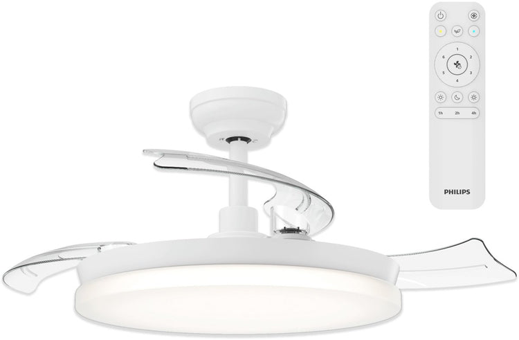 Philips LED Philips Solr Deckenventilator mit LED-Lampe – 3 einziehbare Flügel – Durchmesser: 106 cm – drei weiße Lichttöne (2700 K, 4000 K, 5500 K) – dimmbar bis zu 10 % – Fernbedienung – Weiß – 4500 Lumen