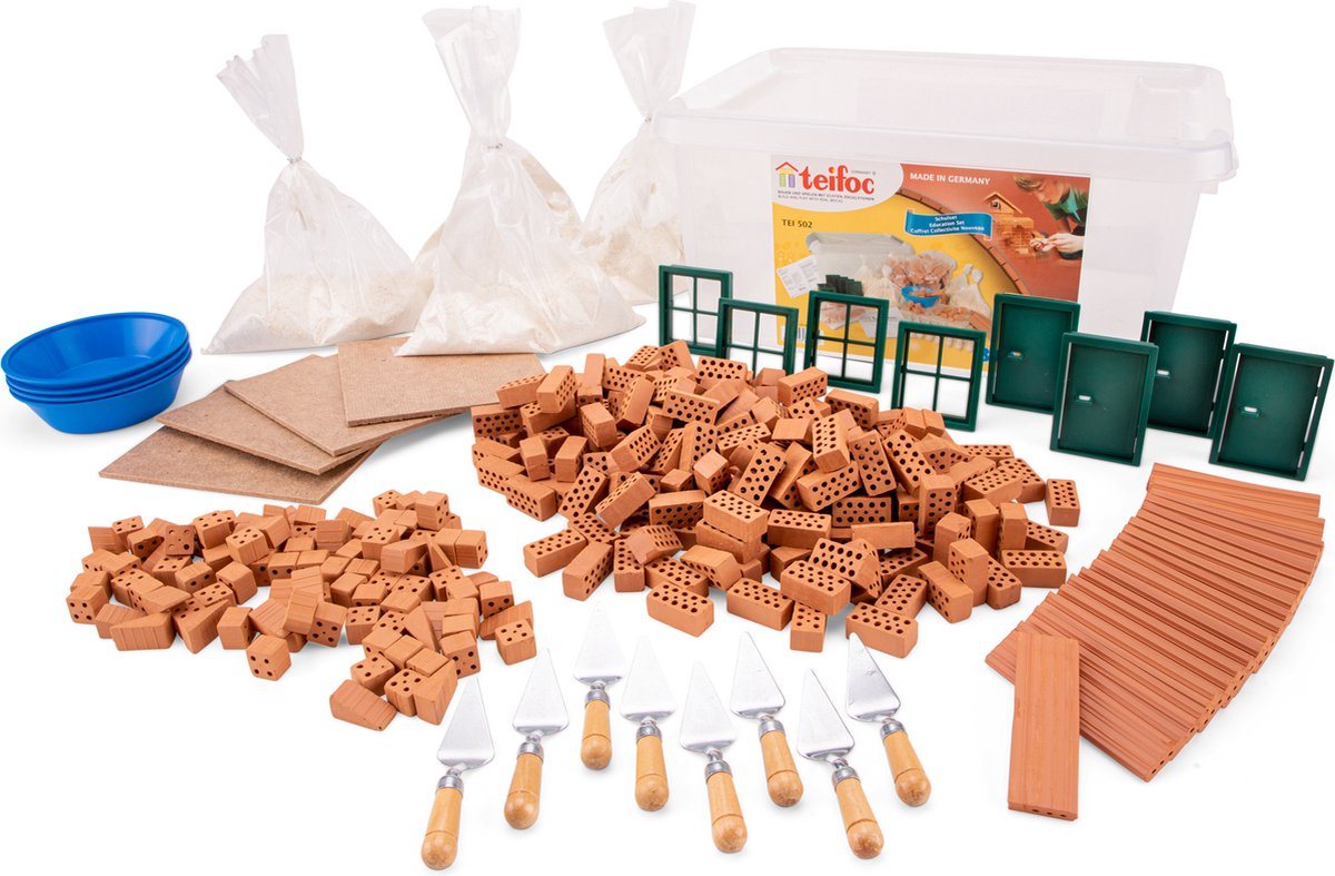 Teifoc® Baukasten – Gruppenset – 320 Teile – echte Mini-Steine mit Zement, Schüssel und Kelle – Bausatz für Kinder ab 6 Jahren