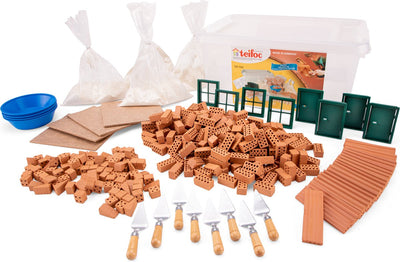 Teifoc® Baukasten – Gruppenset – 320 Teile – echte Mini-Steine mit Zement, Schüssel und Kelle – Bausatz für Kinder ab 6 Jahren