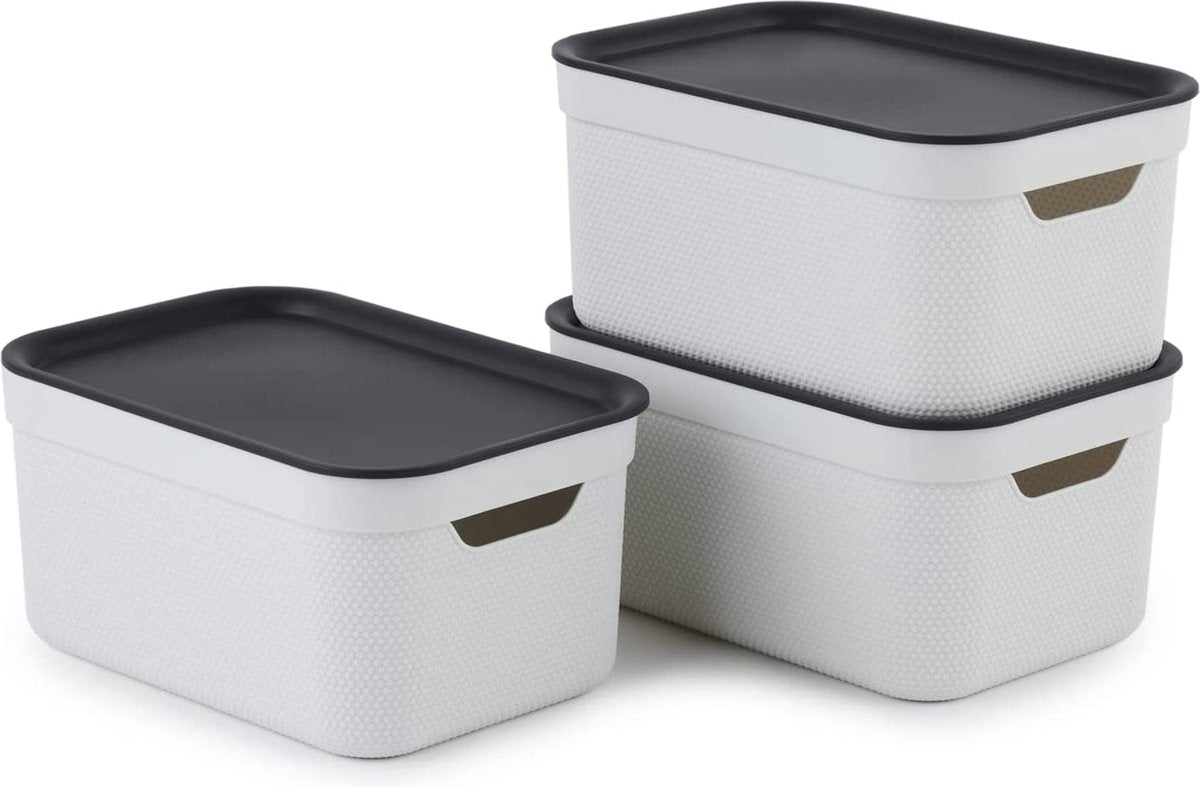 Rotho Jive Aufbewahrungsboxen 3er Set Aufbewahrungsboxen 5 l mit Deckel, Kunststoff (PP recycelt), weiß anthrazit, 3 x 5 l (26,5 x 18,5 x 13,2 cm).