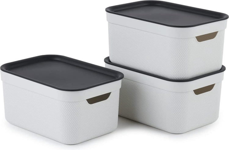 Rotho Jive Aufbewahrungsboxen 3er Set Aufbewahrungsboxen 5 l mit Deckel, Kunststoff (PP recycelt), weiß anthrazit, 3 x 5 l (26,5 x 18,5 x 13,2 cm).