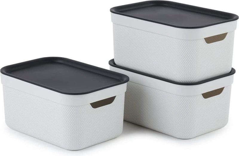 Rotho Jive Aufbewahrungsboxen 3er Set Aufbewahrungsboxen 5 l mit Deckel, Kunststoff (PP recycelt), weiß anthrazit, 3 x 5 l (26,5 x 18,5 x 13,2 cm).