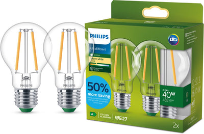 Philips LED-Energiesparlampe transparent – 40 W – E27 – warmweißes Licht – 2er-Pack – Energiekosten sparen