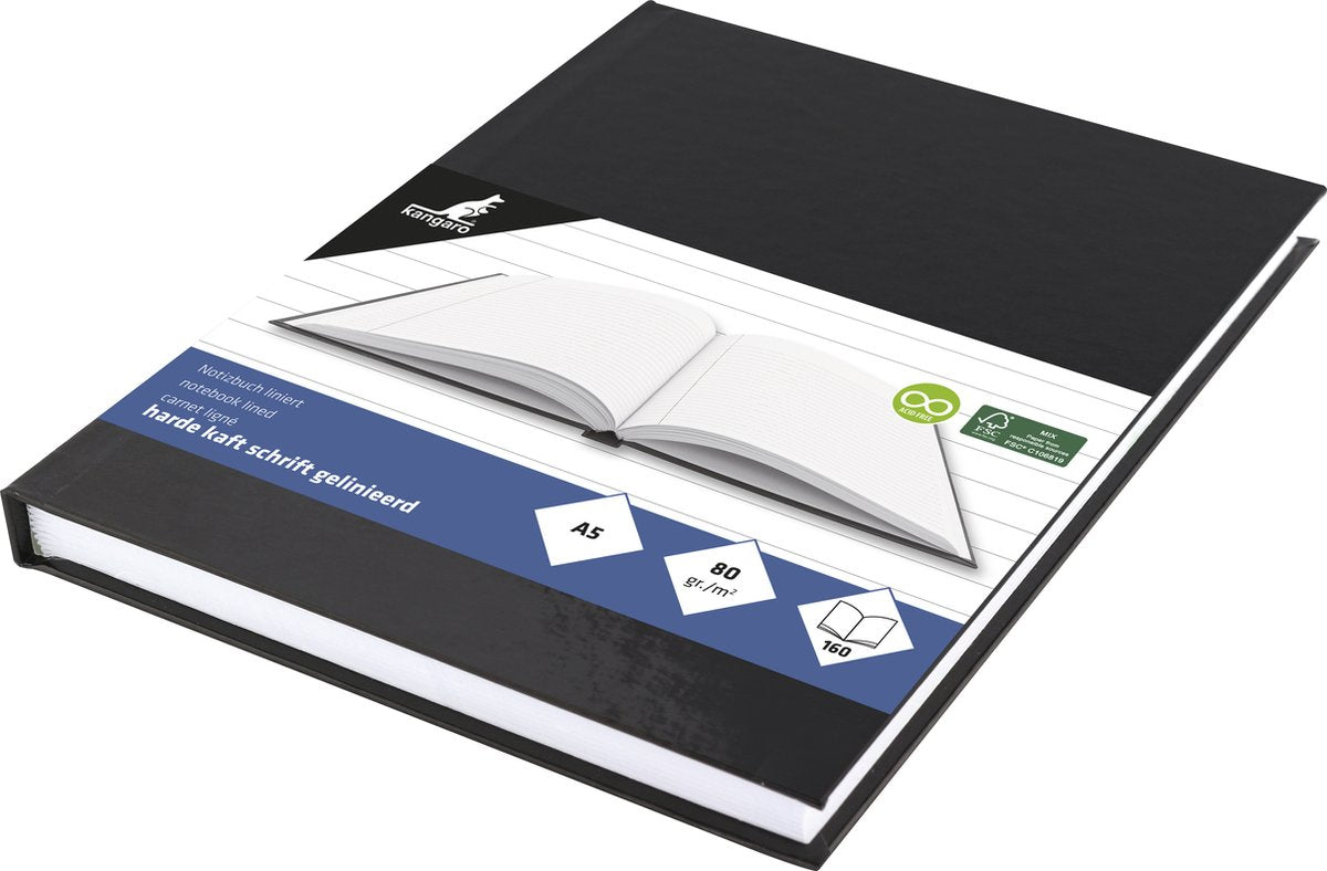 Kangaro-Schulnotizbuch – A5 – liniert – 160 Seiten – 80 Gramm – Hardcover – Schwarz – K-5519