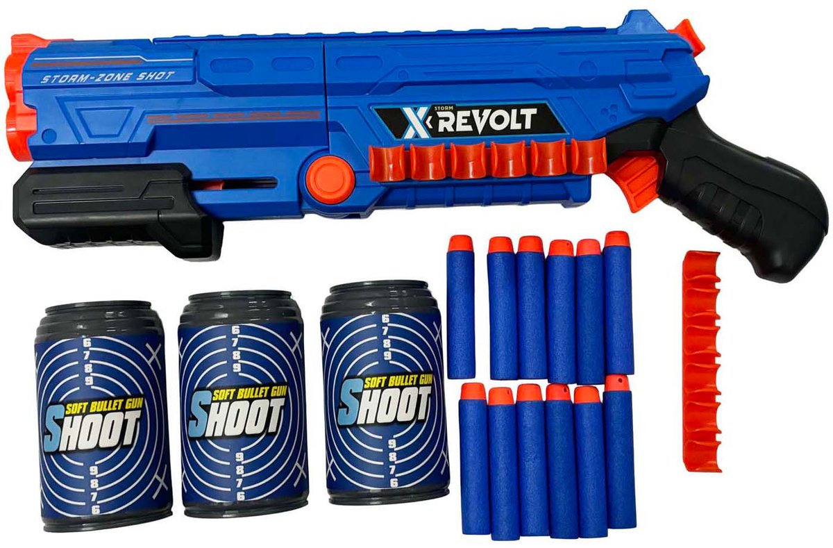 Shooter x Revolt – mit 12 Softpfeilen und 3 Dosen