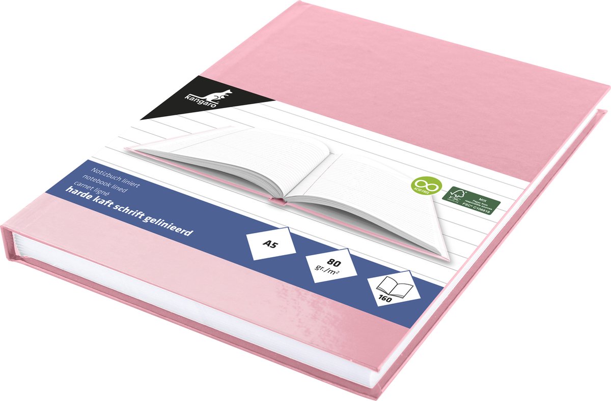 Kangaro-Notizbuch – A5 – Linie – 160 Seiten – 80 Gramm – Hardcover – Pastellrosa – 5 Stück – k-5383