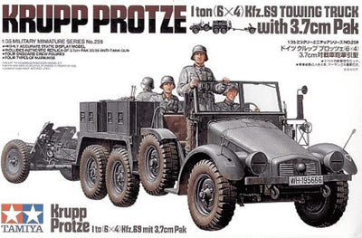 Tamiya Modellbausatz Militärfahrzeuge – 35259 Deutsche Krupp-Protze mit 37-mm-Pak mit 4 Figuren aus Kunststoff – 1:35 – Modellbausatz