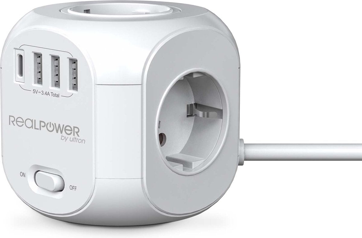 Realpower Powerbox4 31 – 4-Port-Steckdosenleiste Cube – 3 x USB, 1 x USB-C – 1,8 Meter Kabel – Weiß