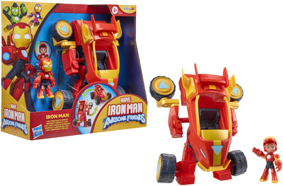 Hasbro Marvel Iron Man und seine fantastischen Freunde, 2-in-1-Mech-Anzug und Fahrzeug, Actionfigur und Spielzeugfahrzeug
